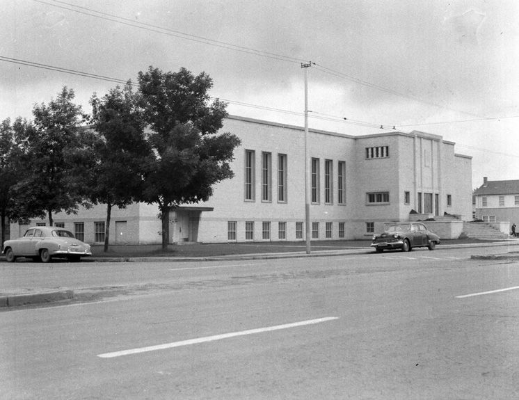 Exterior view of Beth Shalom Synagogue along Jasper Avenue taken in 1952.