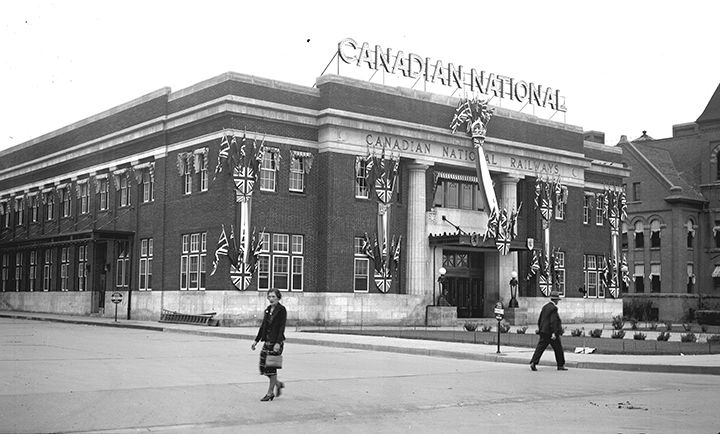 Exterior view of C.N. Station during the Royal Visit in 1939