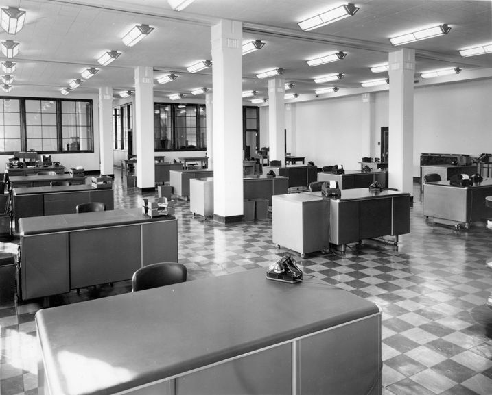 Interior view of the City Telephones Business Office at the Churchill Wire Centre, 1949.