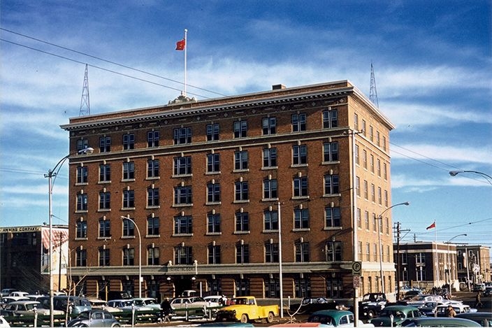 Photograph of Civic Block taken in 1961, indicating structures and layout.
