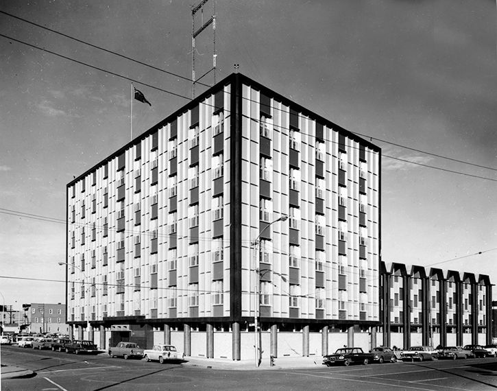 Civic Block ca. 1965, showing an exterior view of the Civic Block at that time.