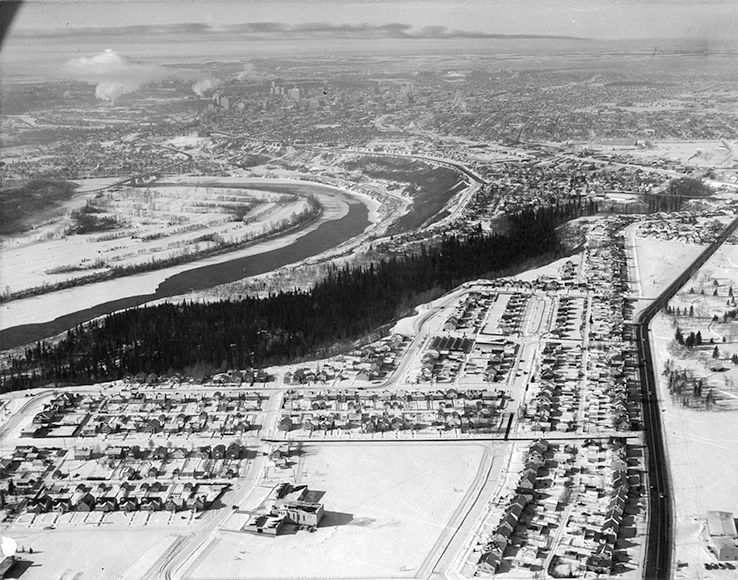 Aerial view of Cromdale, Edmonton from 1961 showcasing its layout and surrounding features.