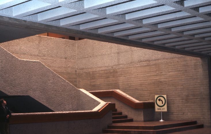 Interior view of the main staircase of the Edmonton Art Gallery taken in 1969.