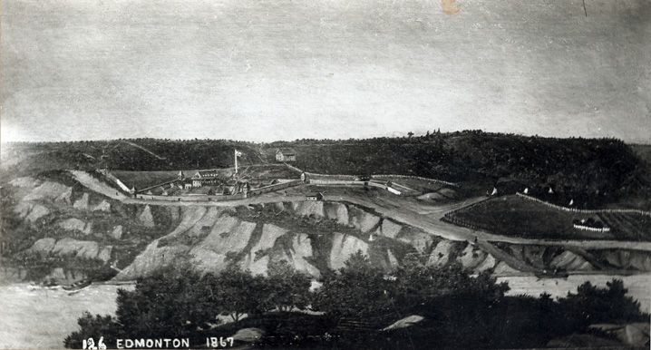 Historical photograph of Fort Edmonton taken in 1867, showcasing the exterior view of the site.