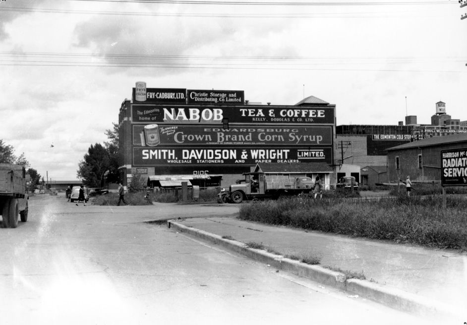 H.V. Shaw Building, 1940, side elevation shows painted signs.