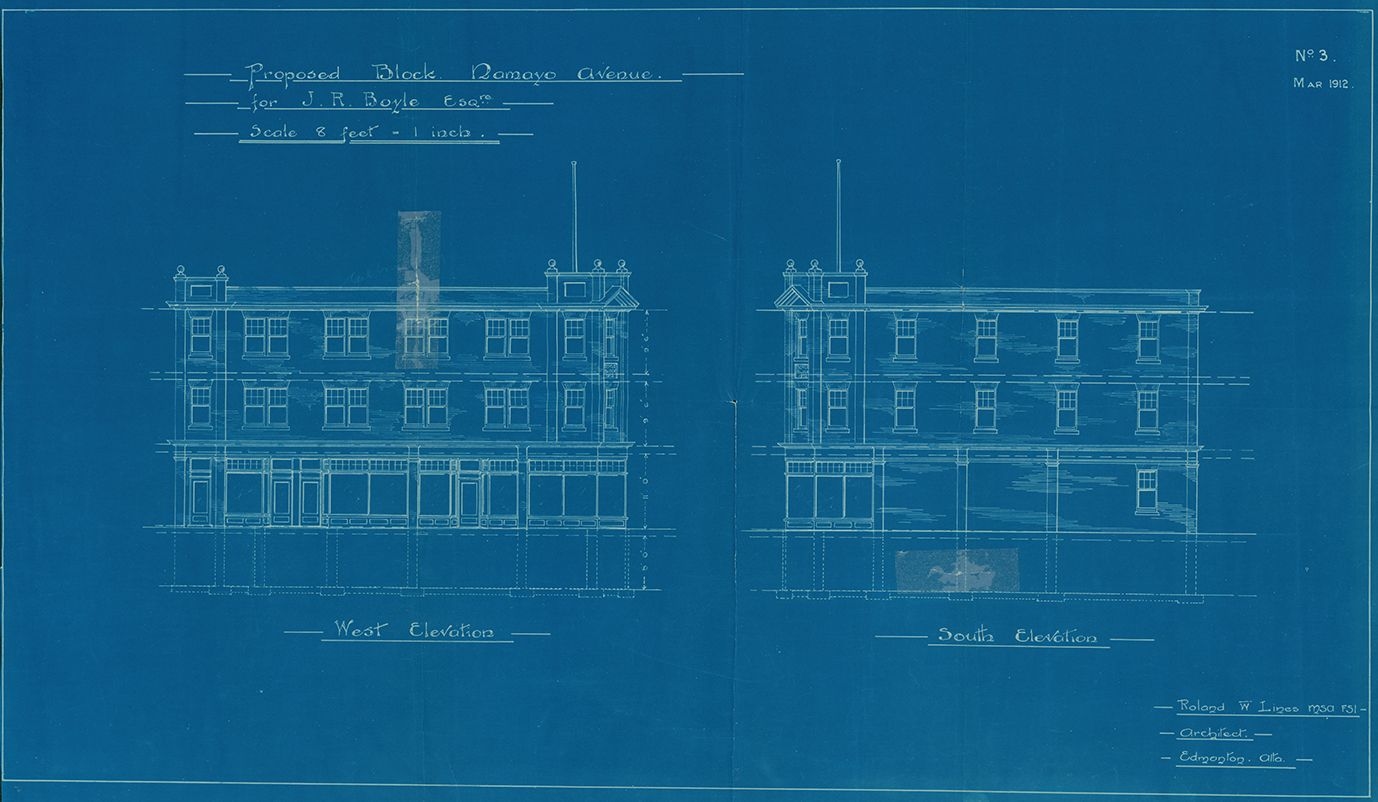 Blueprint plans for the Lambton Block dating back to 1914.