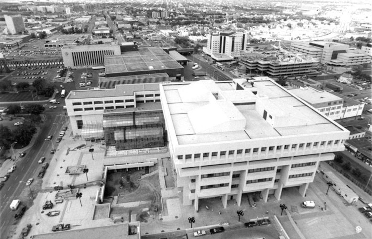 Photograph of the law courts building taken in 1982, from the City of Edmonton Archives.