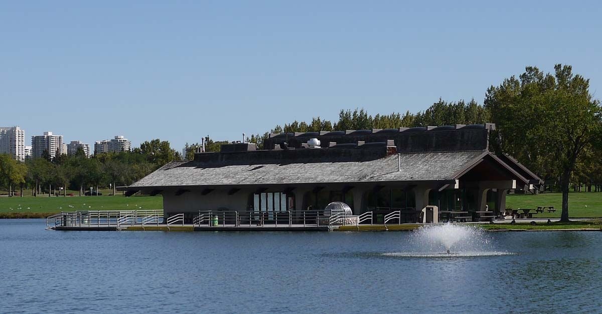 Mayfair Park Pavilions, 2013, side elevation with pond. Photo courtesy of Ann Hall.