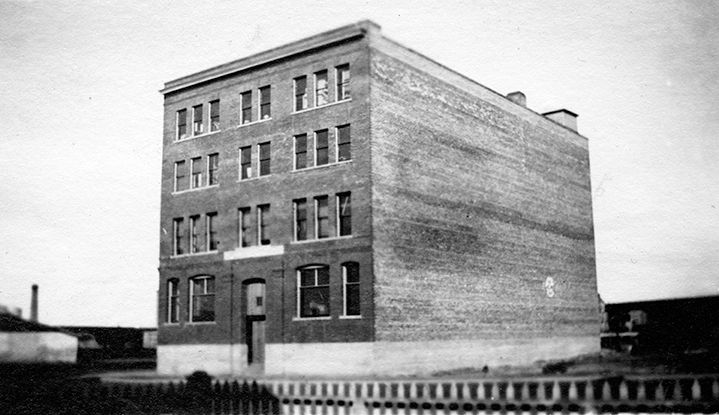 Exterior view of the Mercer Warehouse, taken around 1912.