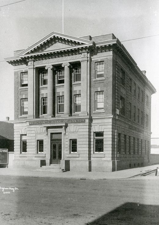 Exterior view of the Merchants Bank of Canada, circa 1909.