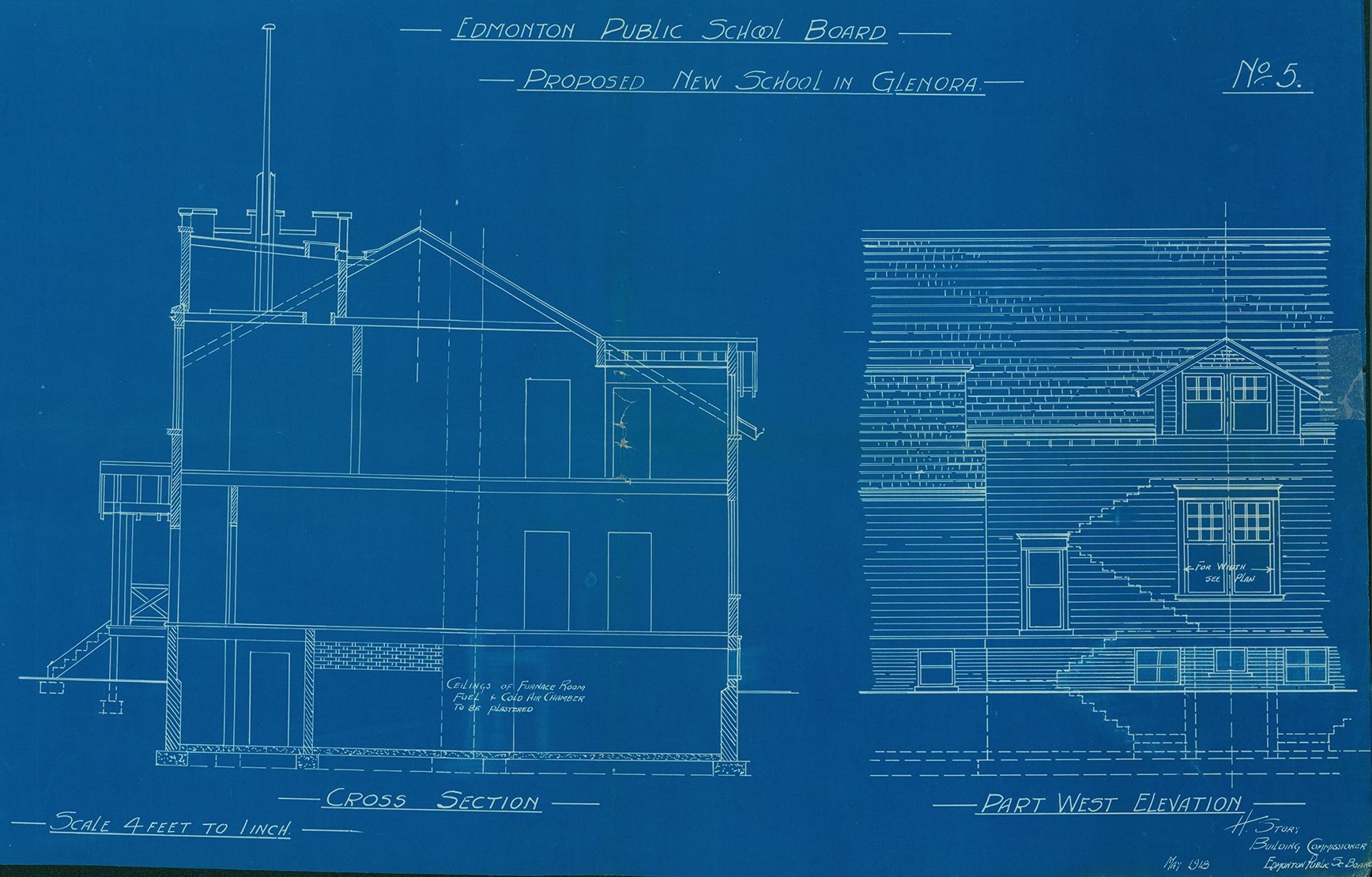 Old Glenora School, cross section and west elevation for proposed school, 1918