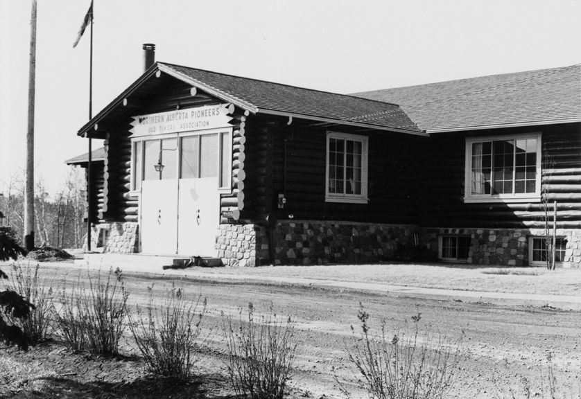 Exterior view of Old Timers' Cabin in 1968, housed in the City of Edmonton Archives.