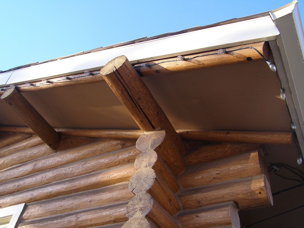 Close-up detail of the Old Timers' Cabin, highlighting its historical architectural features.