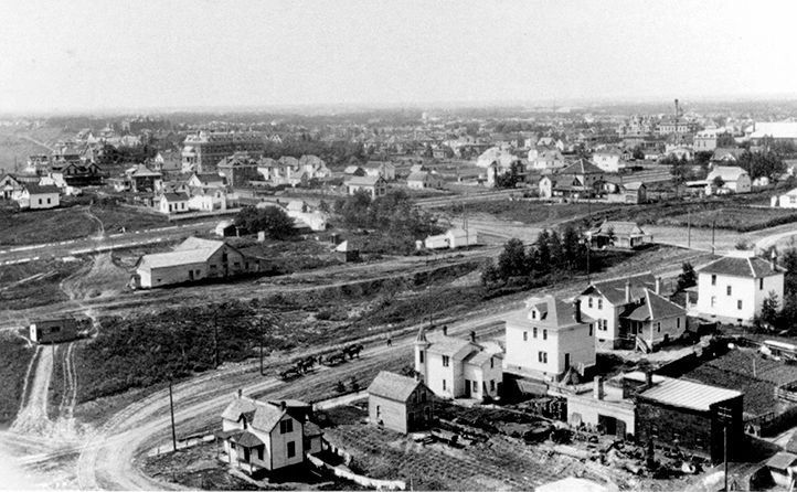 Exterior view of Oliver neighborhood, circa 1912.