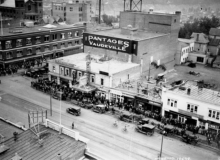 A vintage photograph of the Pantages Theatre taken in 1923, showcasing the building's exterior.