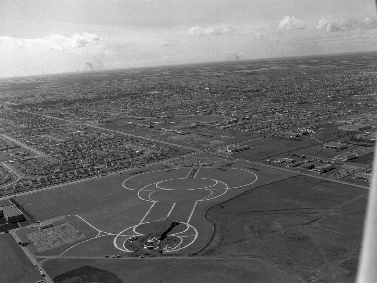 Aerial view of the Queen Elizabeth Planetarium during construction at the City of Edmonton.