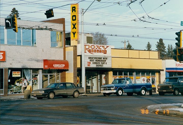Exterior view of the Roxy Theatre, photographed in 1988.
