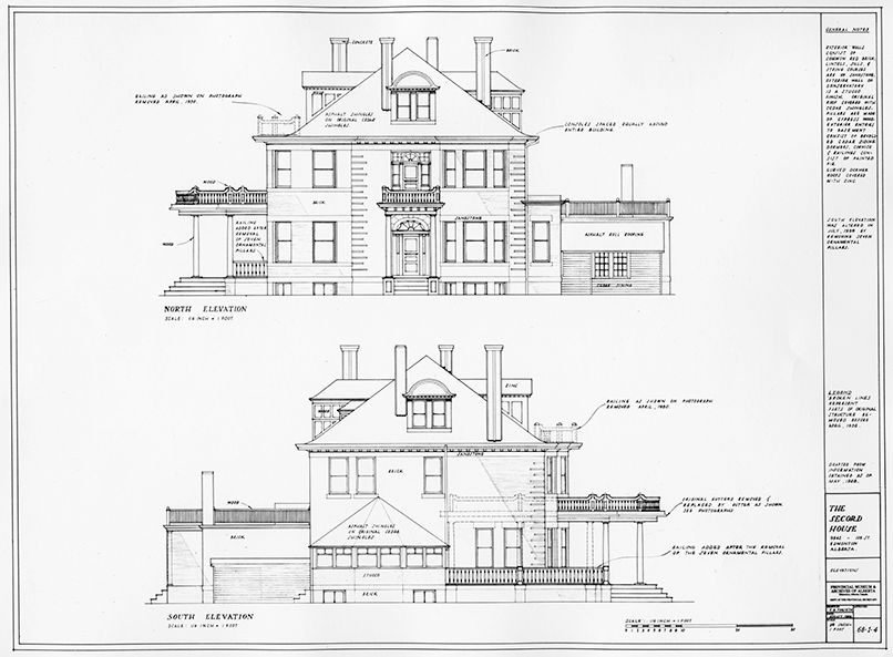 Blueprints showing North and South Elevation of Secord House.