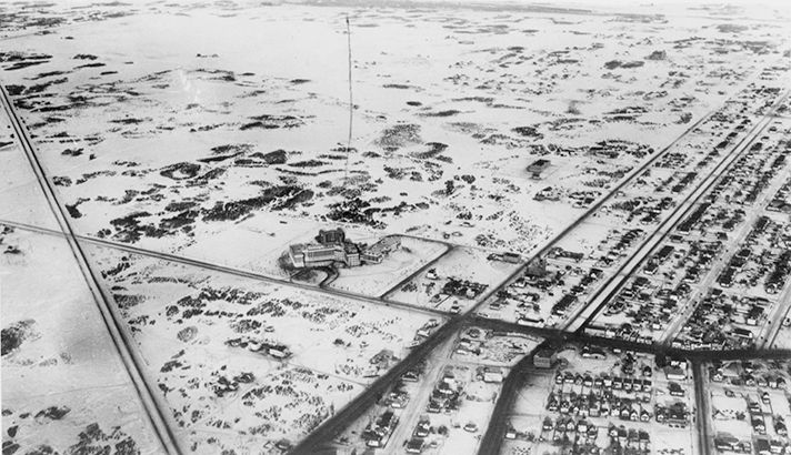 Aerial view of Spruce Avenue in Edmonton, captured in 1927, showing street layout and surrounding areas.