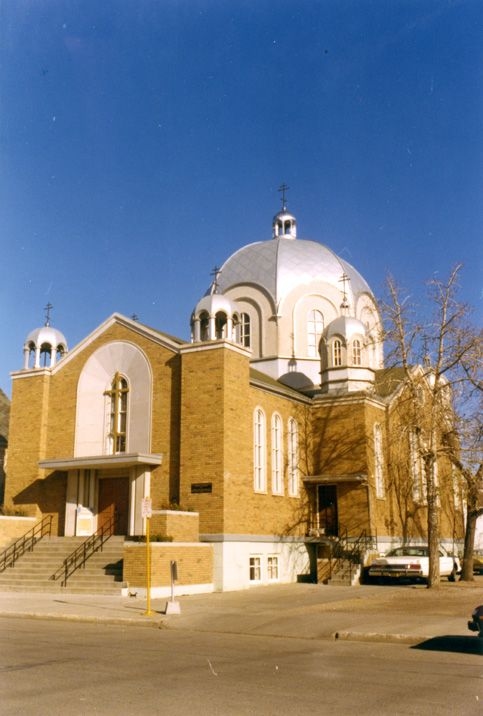 Exterior view of St. Barbara's Cathedral in Edmonton, Alberta, taken in 1959.