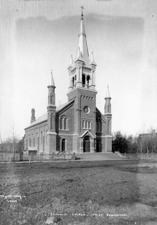 Exterior view of St. Joachim's Roman Catholic Church, 1908. Image from the City of Edmonton Archives.