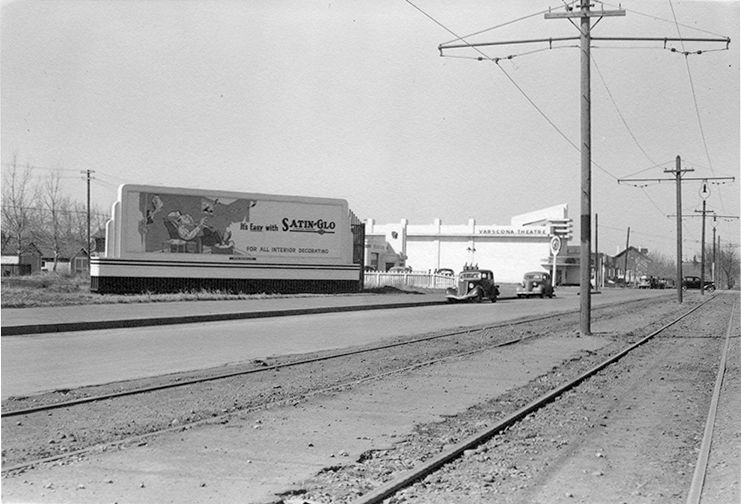 A detailed view of the exterior of the Varscona Theatre, circa 1940.