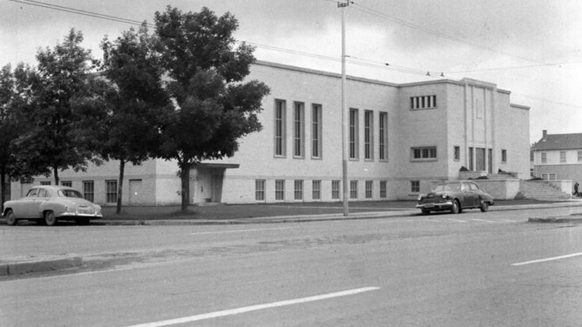 Exterior view of Beth Shalom Synagogue along Jasper Avenue taken in 1952.