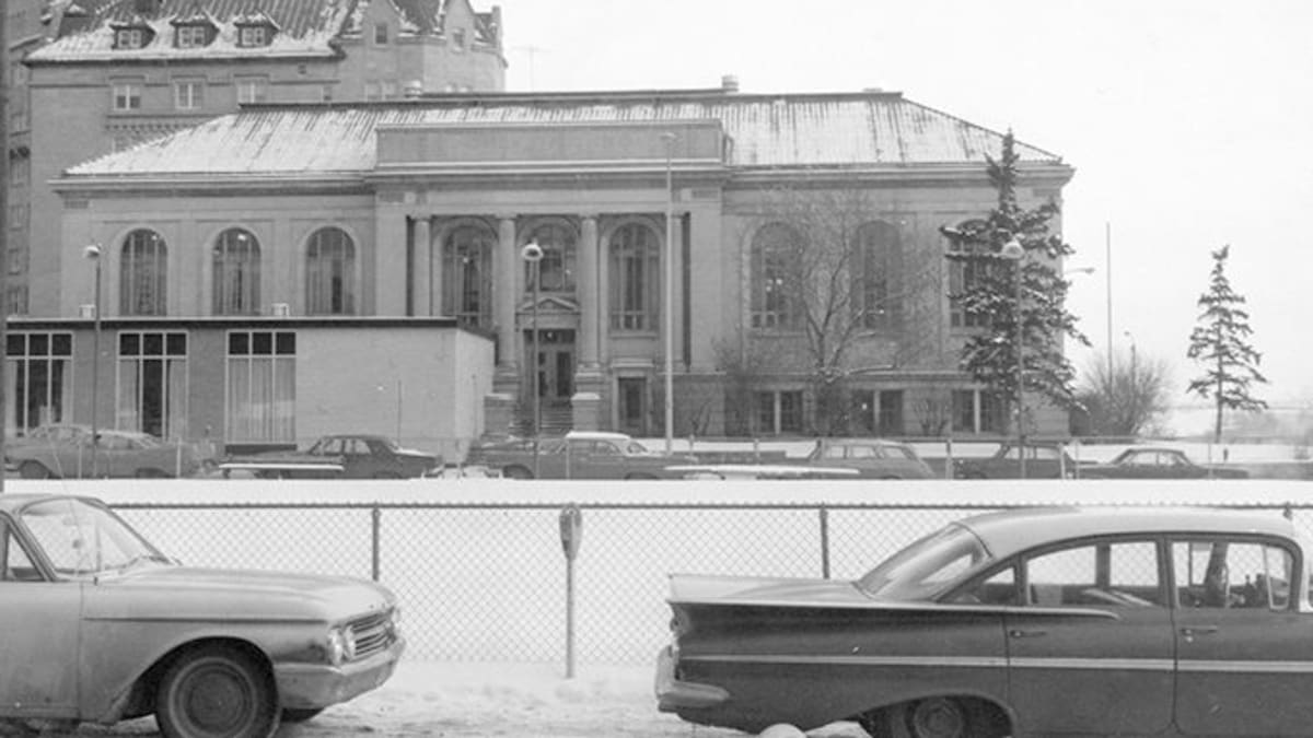 Exterior view of the Edmonton Public Library showing the front elevation with an addition from the 1960s.