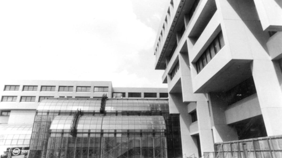 Exterior view of the law courts in Edmonton, circa 1982.