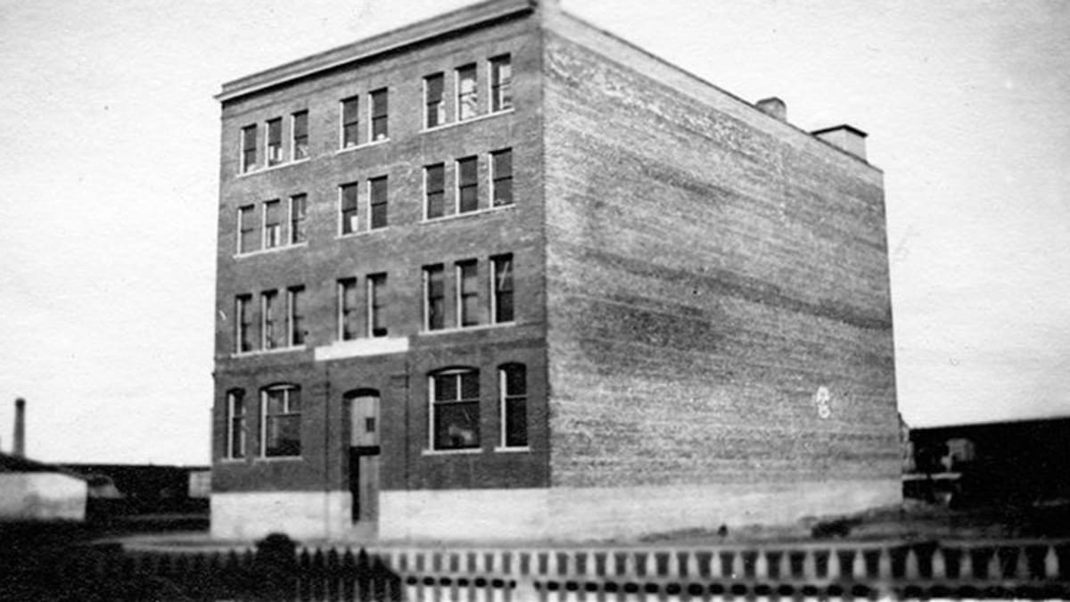 Exterior view of the Mercer Warehouse, taken around 1912.