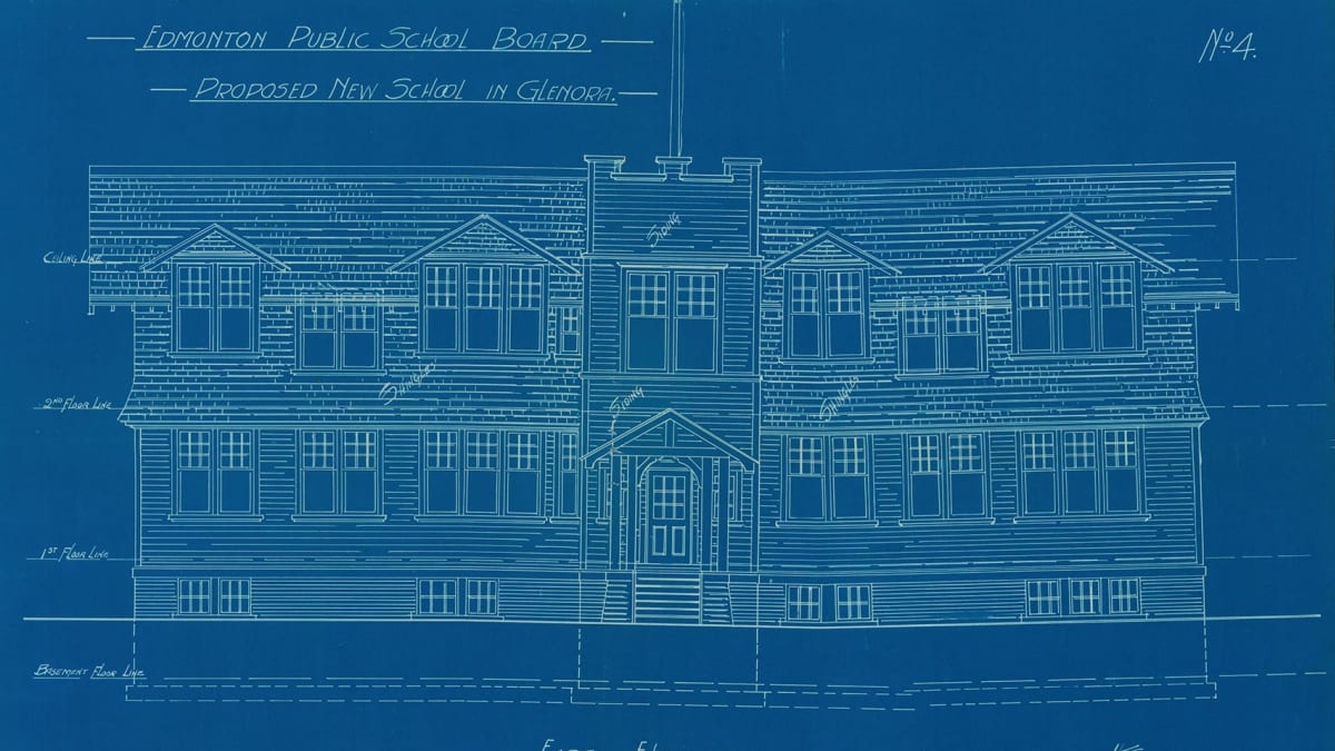 Old Glenora School, east elevation for proposed school, 1918
