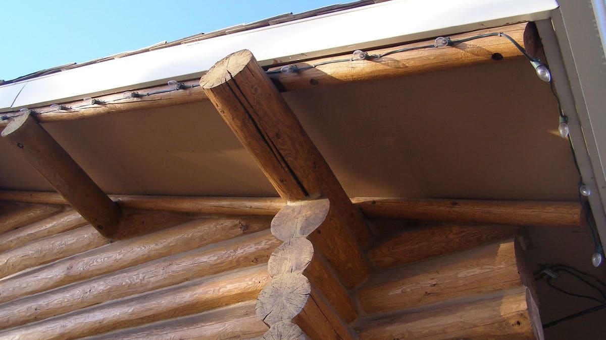 Close-up detail of the Old Timers' Cabin, highlighting its historical architectural features.