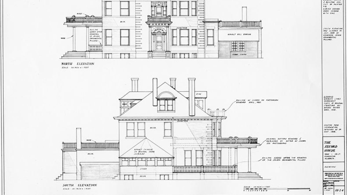 Blueprints showing North and South Elevation of Secord House.