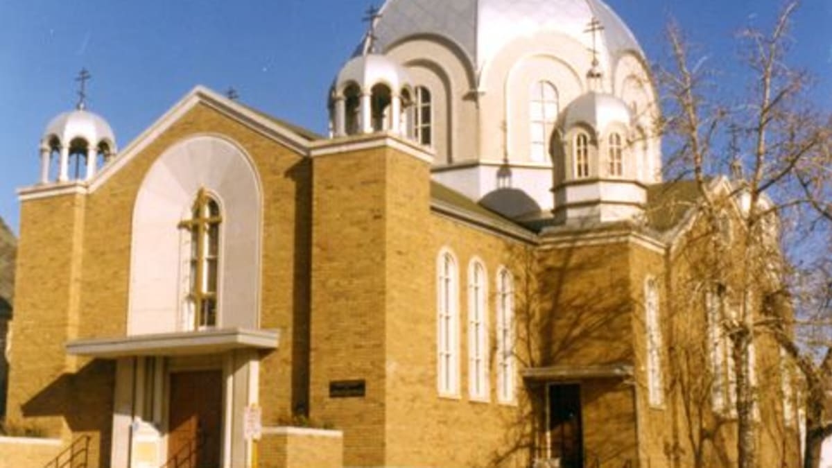 Exterior view of St. Barbara's Cathedral in Edmonton, Alberta, taken in 1959.