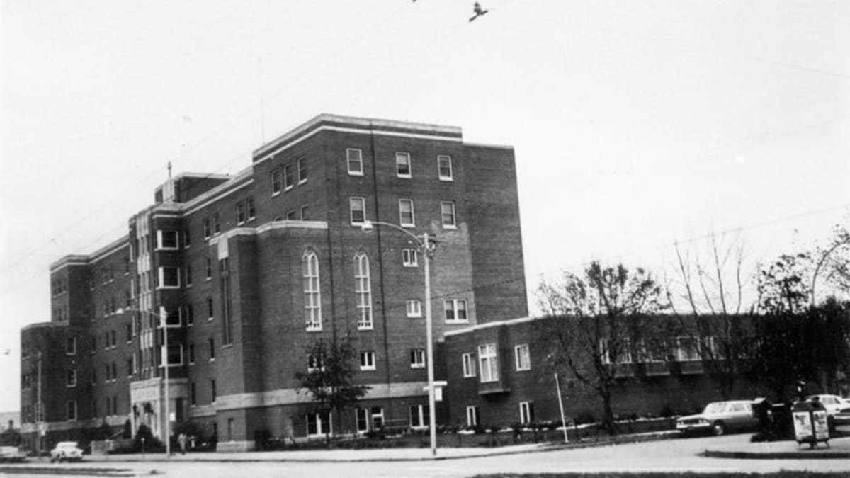 Exterior view of St. Joseph's Hospital in 1976, from the City of Edmonton Archives.