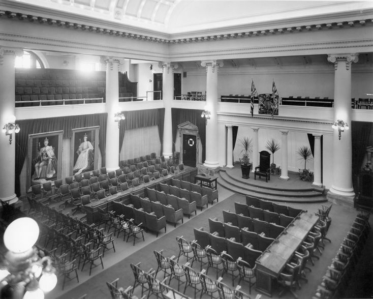 Interior view of the Alberta Legislature Chamber showcasing architectural details, taken in 1948.