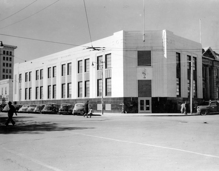 Exterior view of the City Telephones Building, constructed in 1950, City of Edmonton Archives.