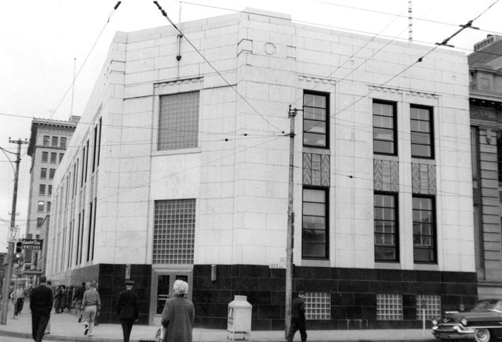 Exterior view of the City Telephones Building, known as Churchill Wire Centre, captured in 1957.