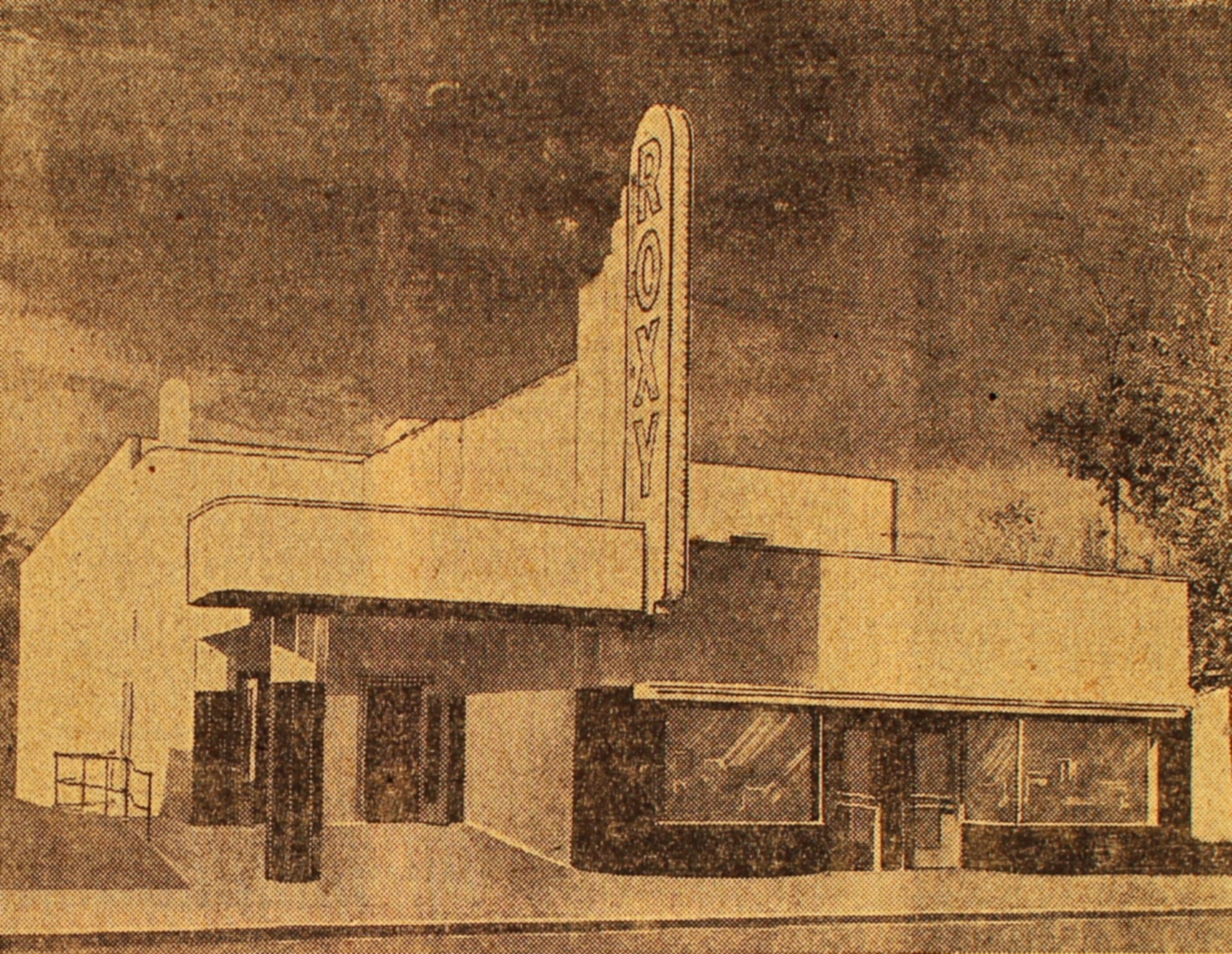 Exterior view of the Roxy Theatre in Edmonton as depicted in the Edmonton Bulletin from October 12, 1938.