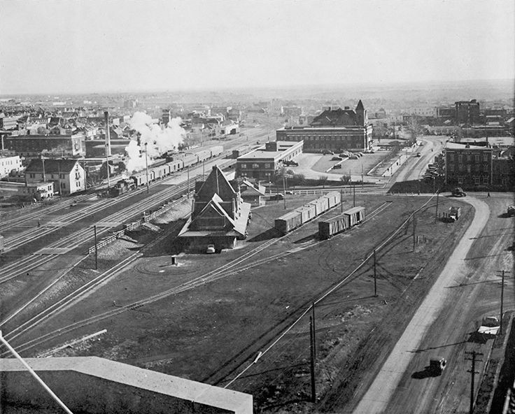 A view of Edmonton looking east from 103 Street in 1945 showing the city's skyline.