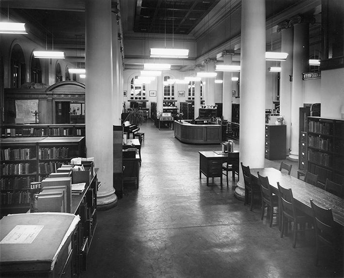 Interior view of the Edmonton Public Library showcasing its architectural elements.