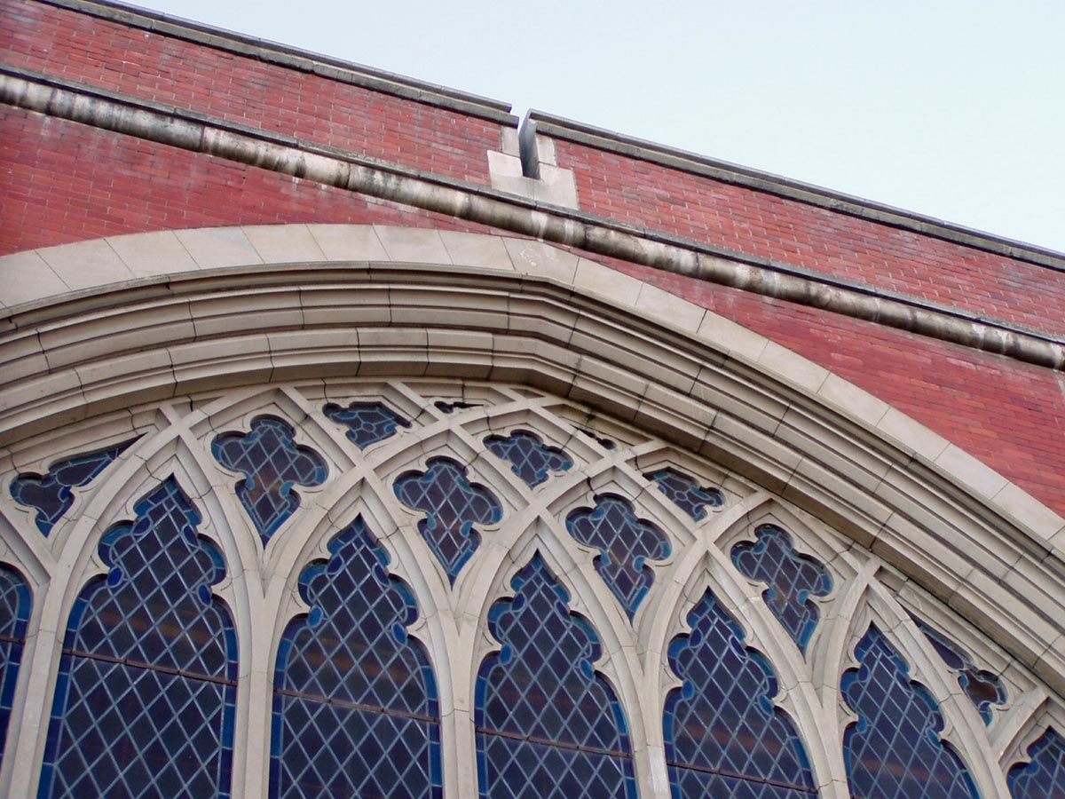 Detail of the First Presbyterian Church taken in 2003, showcasing the architectural features.