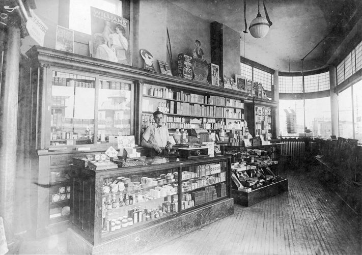 Interior view of the Eagle Drug Store located in the Gibson Block, Year 1920.