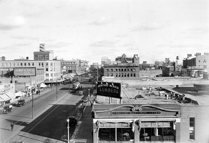 Historic view of Jasper Avenue & 105 Street in Edmonton, circa 1930.