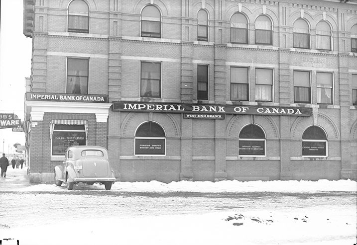 Close-up view of brick detail from the MacLean Block, circa 1945.