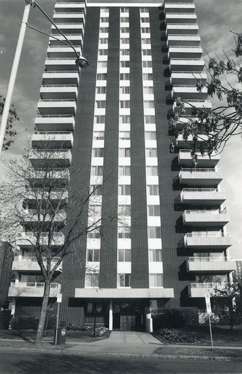Exterior view of the Mayflower Apartments taken in 1982.