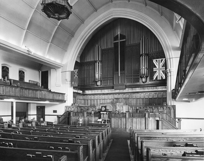Interior view of Robertson-Wesley United Church taken in 1964. City of Edmonton Archives EA-10-424.