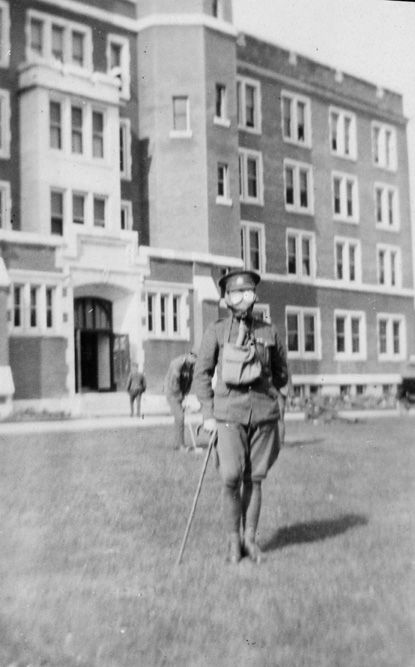 Soldier in front of Alberta College South Veteran's Hospital, circa 1917.