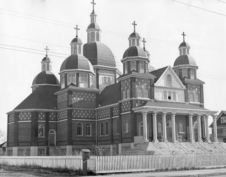 St. Josaphat Ukrainian Catholic Cathedral, exterior view captured in a historical photograph.