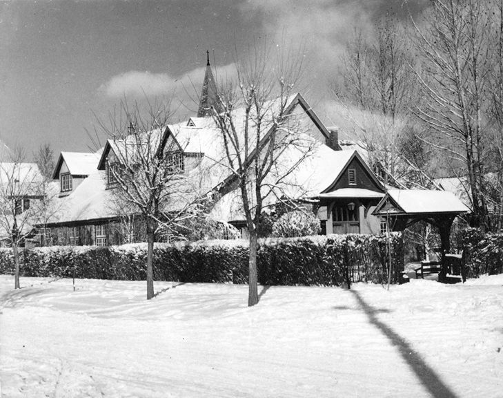 Exterior view of the Anglican Parish of Christ Church in winter, taken in 1938.